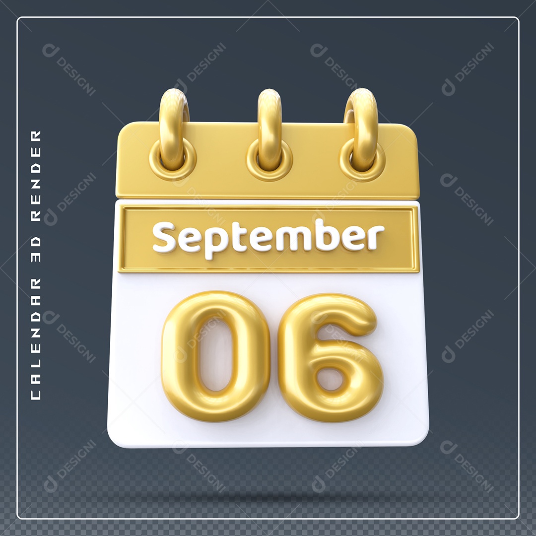 Calendário Do mês Setembro Dia 06 Elemento 3D Amarelo e Branco Para Composição PSD