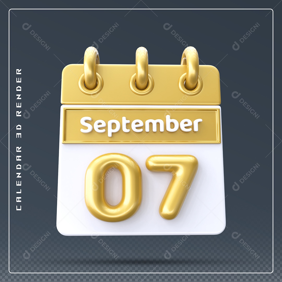 Calendário Do mês Setembro Dia 07 Elemento 3D Amarelo e Branco Para Composição PSD