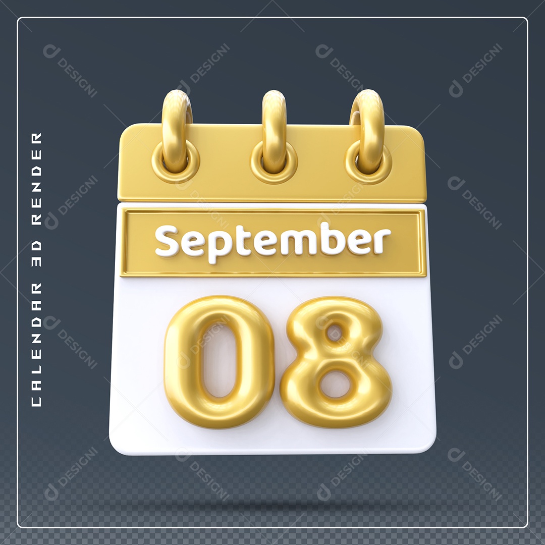 Calendário Do mês Setembro Dia 08 Elemento 3D Amarelo e Branco Para Composição PSD