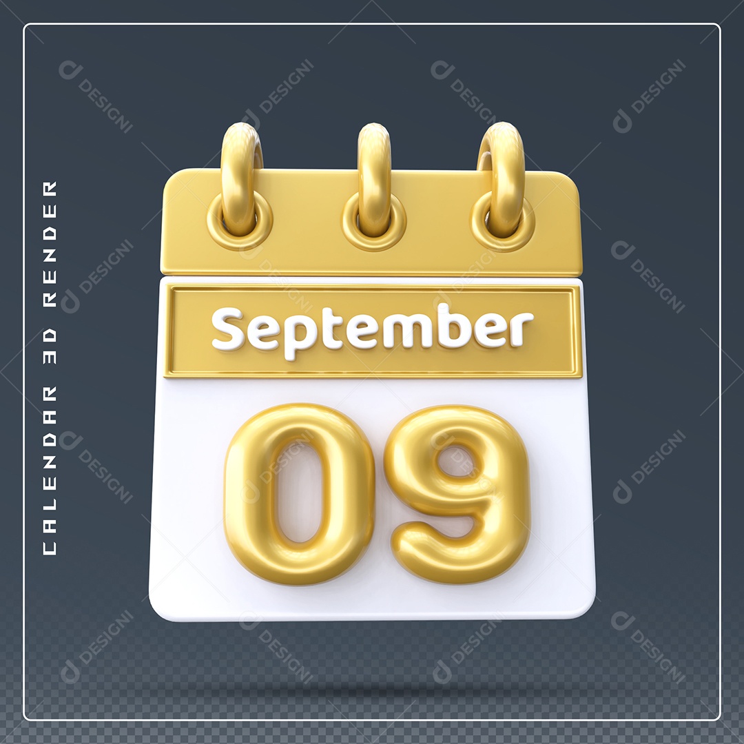 Calendário Do mês Setembro Dia 09 Elemento 3D Amarelo e Branco Para Composição PSD