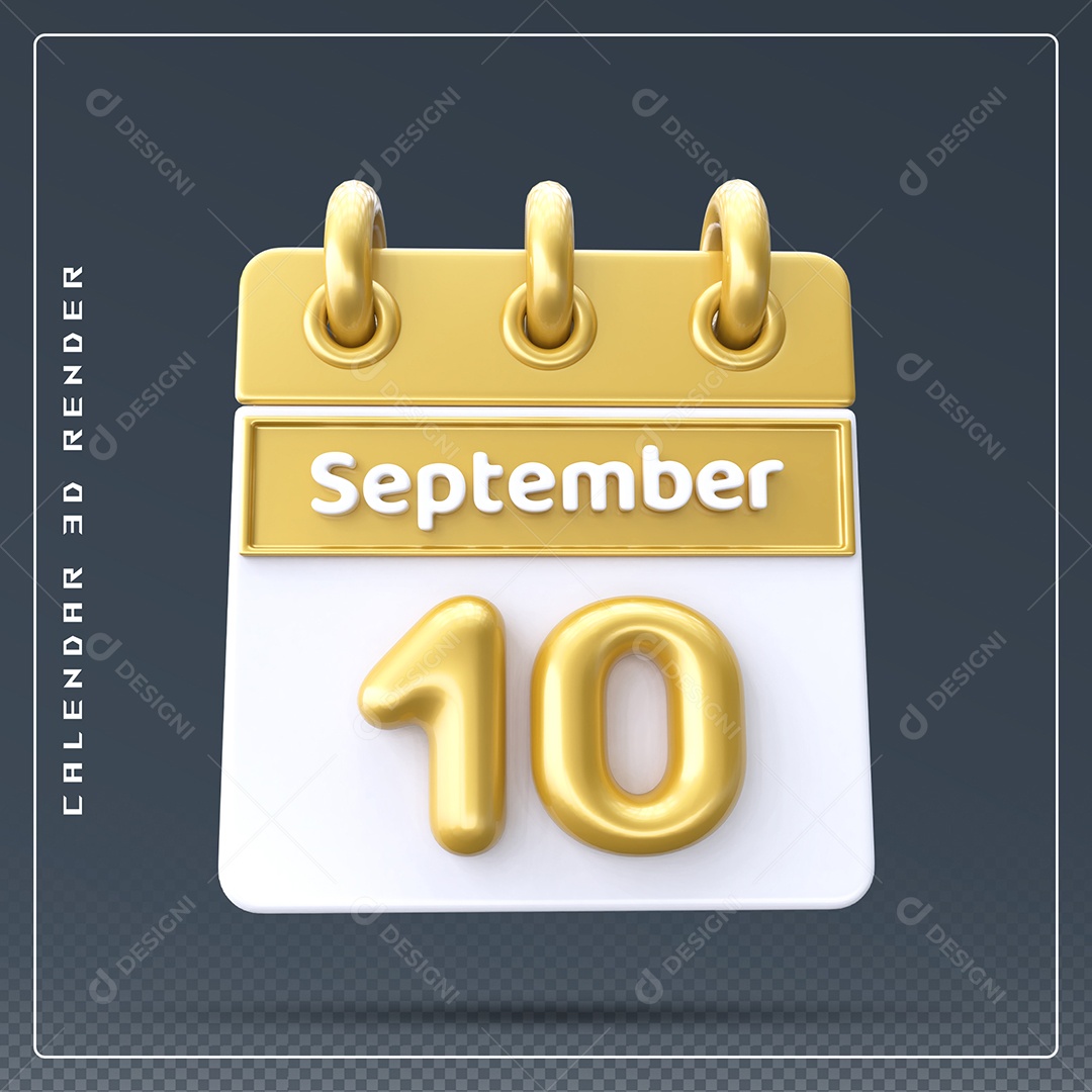 Calendário Do mês Setembro Dia 10 Elemento 3D Amarelo e Branco Para Composição PSD