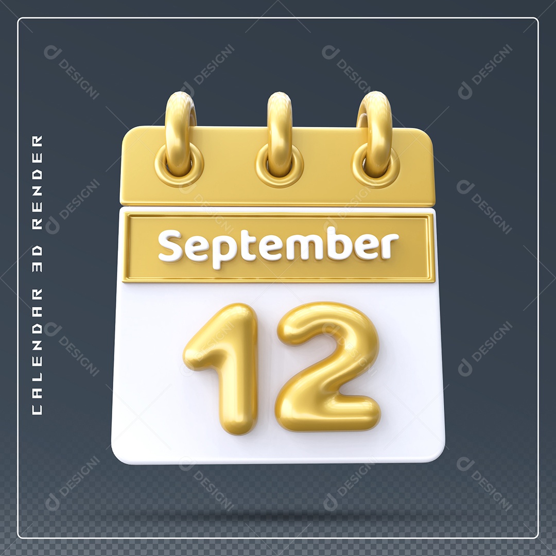 Calendário Do mês Setembro Dia 12 Elemento 3D Amarelo e Branco Para Composição PSD