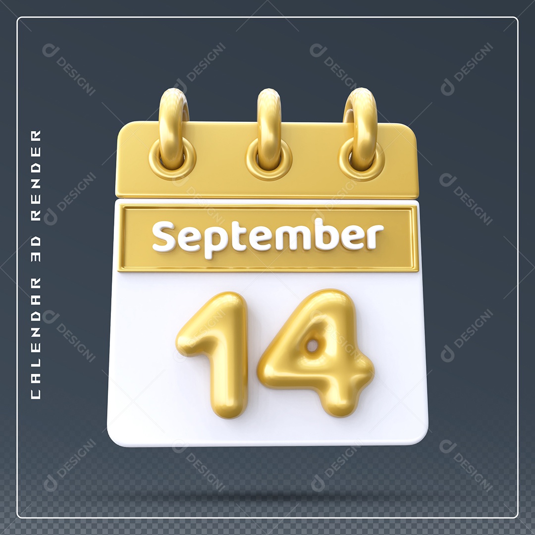 Calendário Do mês Setembro Dia 14 Elemento 3D Amarelo e Branco Para Composição PSD