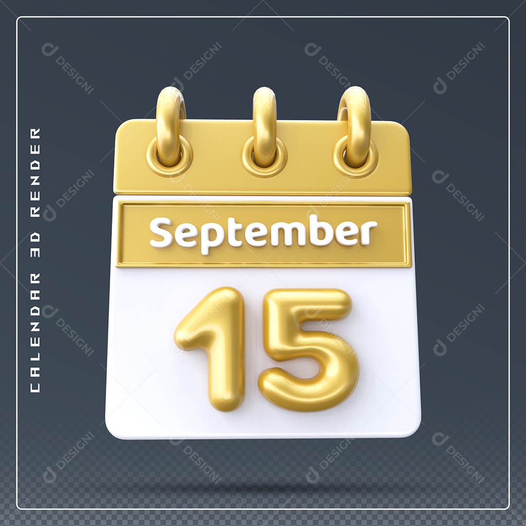 Calendário Do mês Setembro Dia 15 Elemento 3D Amarelo e Branco Para Composição PSD