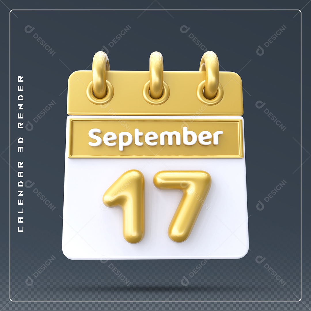 Calendário Do mês Setembro Dia 17 Elemento 3D Amarelo e Branco Para Composição PSD
