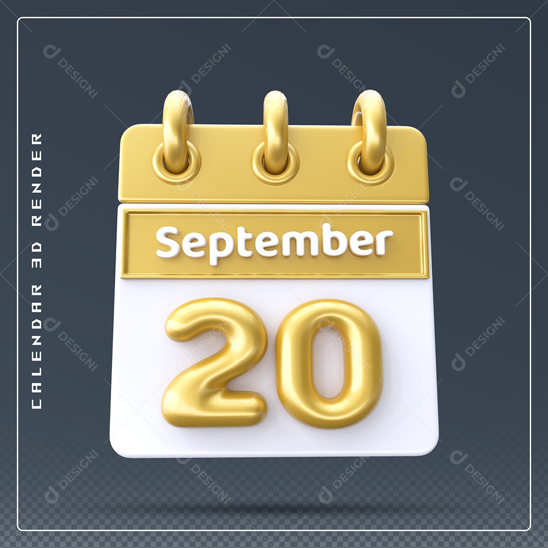 Calendário Do mês Setembro Dia 20 Elemento 3D Amarelo e Branco Para Composição PSD