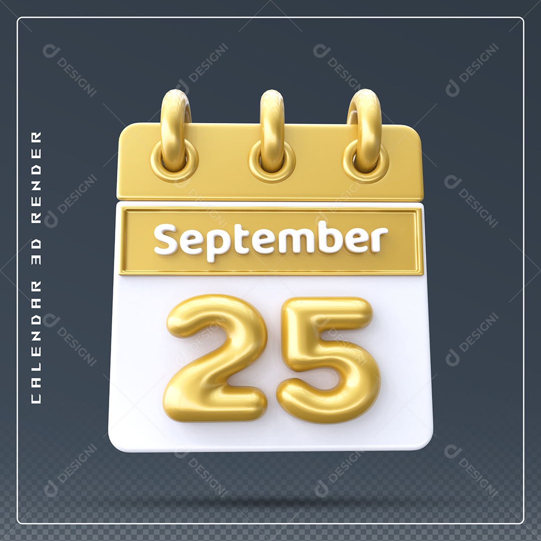Calendário Do mês Setembro Dia 25 Elemento 3D Amarelo e Branco Para Composição PSD