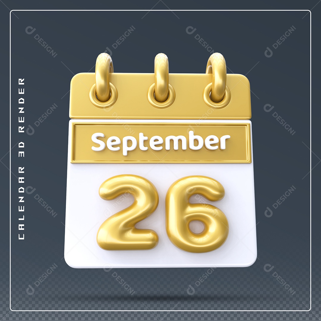 Calendário Do mês Setembro Dia 26 Elemento 3D Amarelo e Branco Para Composição PSD