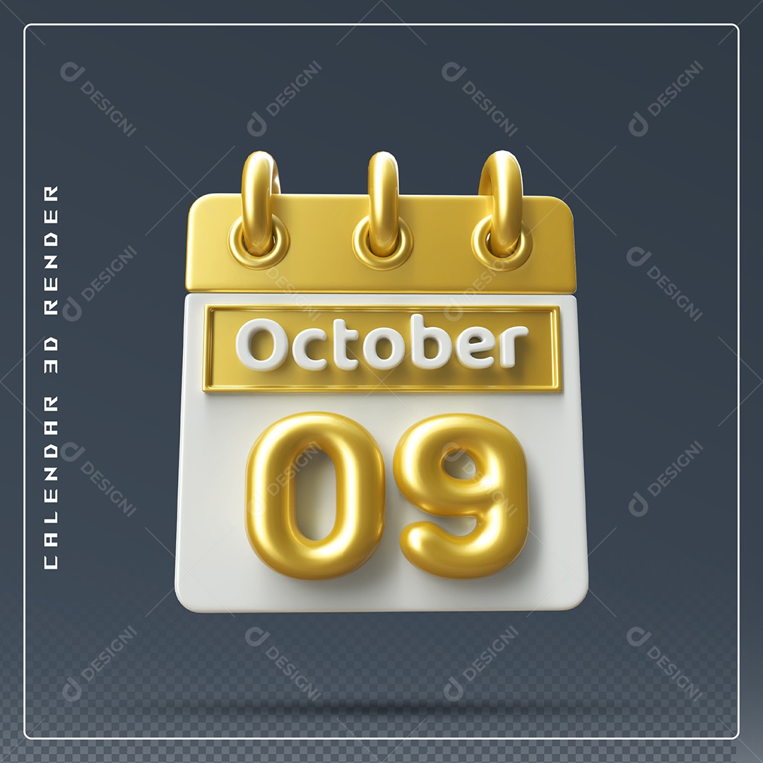 Calendário Do mês Outubro Dia 09 Elemento 3D Amarelo e Branco Para Composição PSD