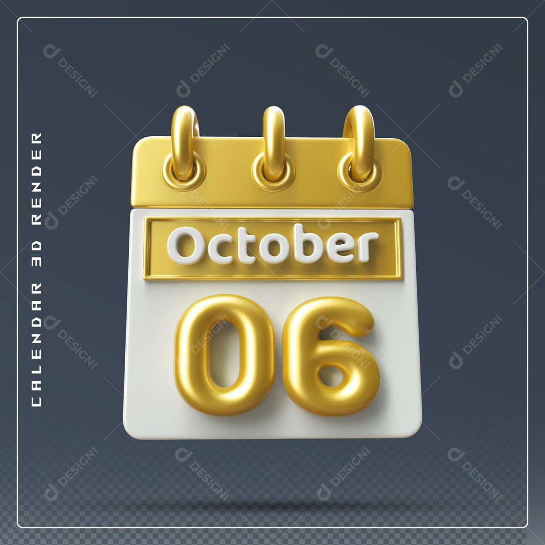 Calendário Do mês Outubro Dia 06 Elemento 3D Amarelo e Branco Para Composição PSD