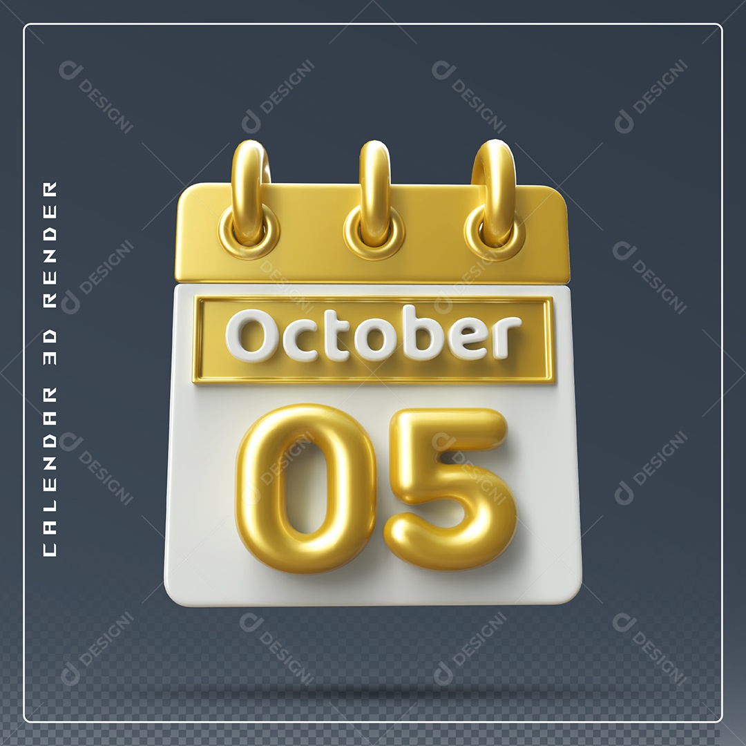 Calendário Do mês Outubro Dia 05 Elemento 3D Amarelo e Branco Para Composição PSD