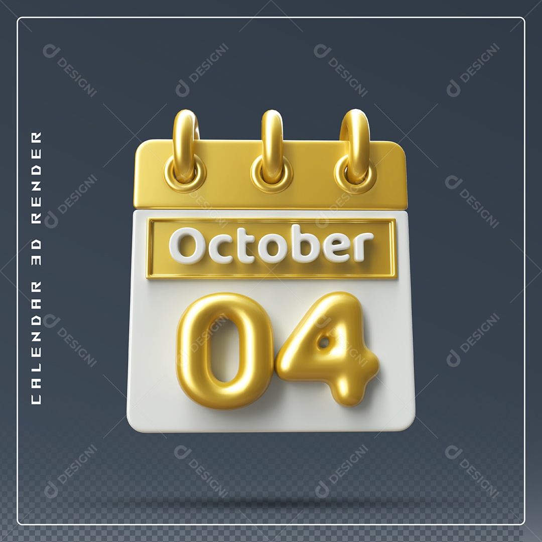 Calendário Do mês Outubro Dia 04 Elemento 3D Amarelo e Branco Para Composição PSD