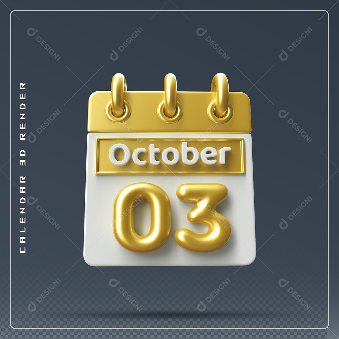 Calendário Do mês Outubro Dia 03 Elemento 3D Amarelo e Branco Para Composição PSD