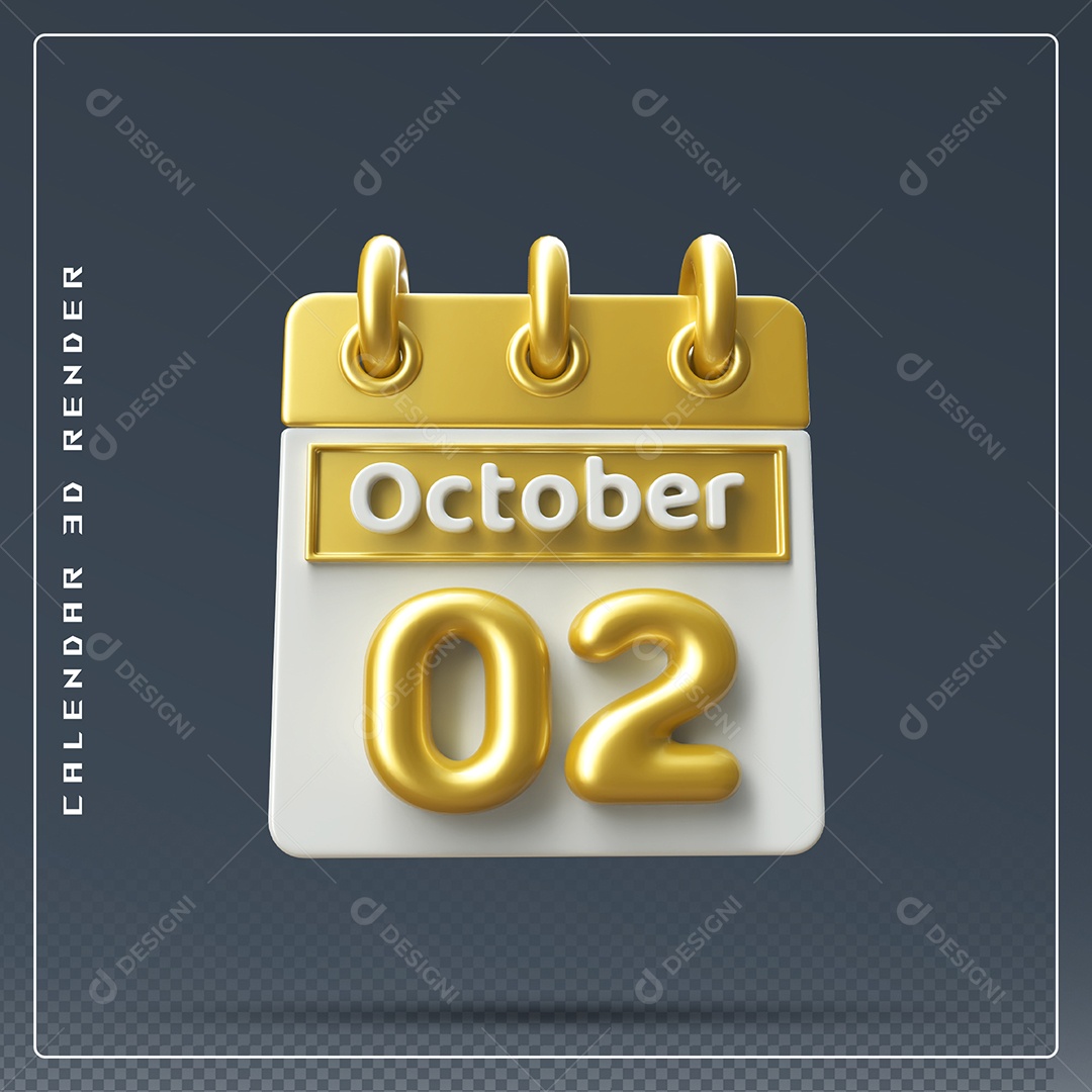 Calendário Do mês Outubro Dia 02 Elemento 3D Amarelo e Branco Para Composição PSD