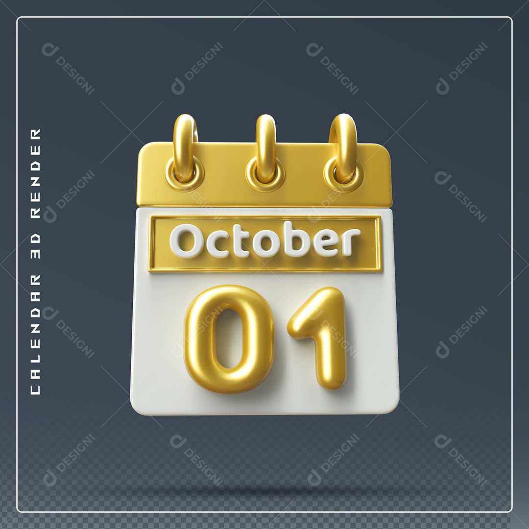 Calendário Do mês Outubro Dia 01 Elemento 3D Amarelo e Branco Para Composição PSD