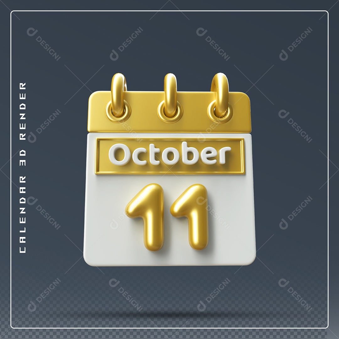 Calendário Do mês Outubro Dia 11 Elemento 3D Amarelo e Branco Para Composição PSD