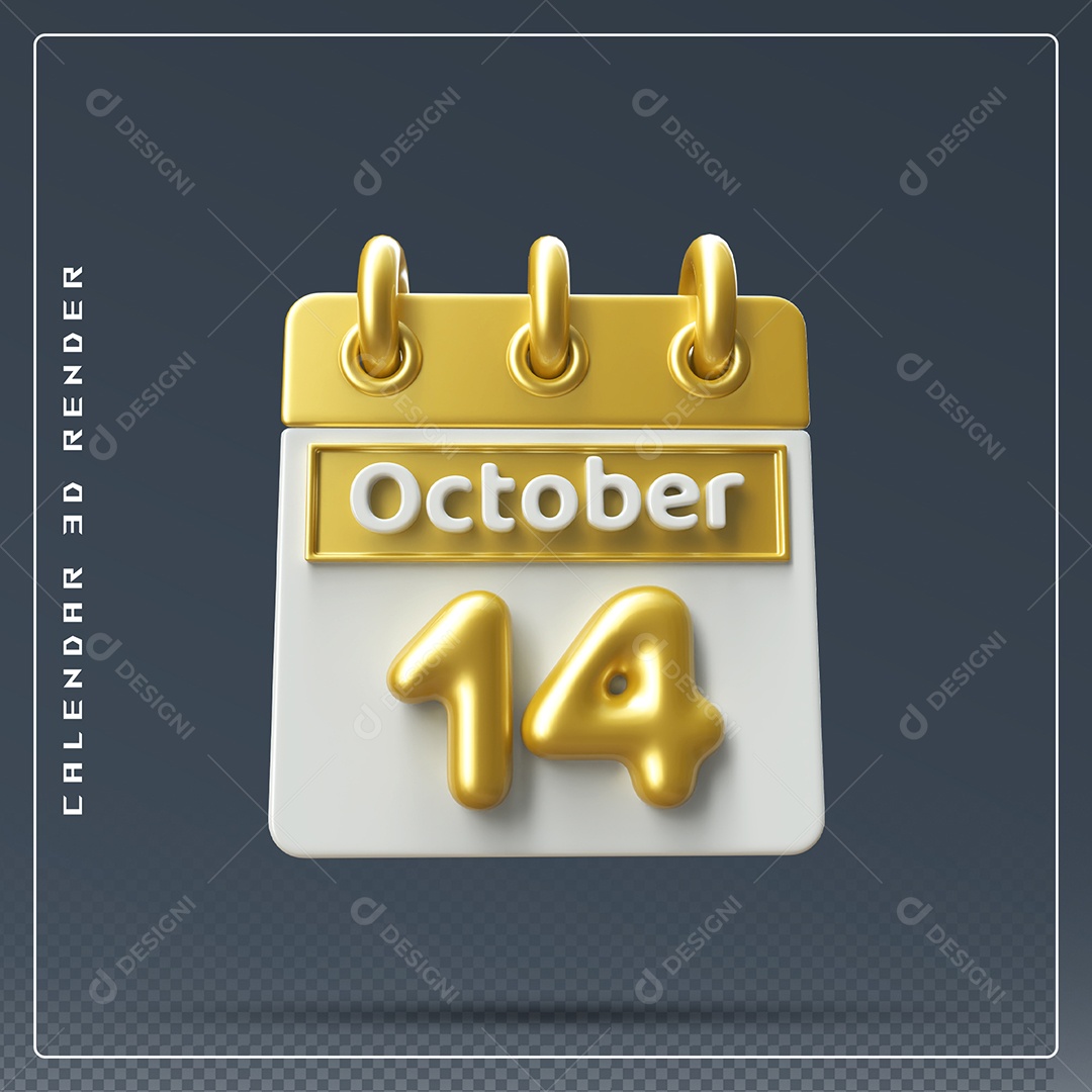 Calendário Do mês Outubro Dia 14 Elemento 3D Amarelo e Branco Para Composição PSD