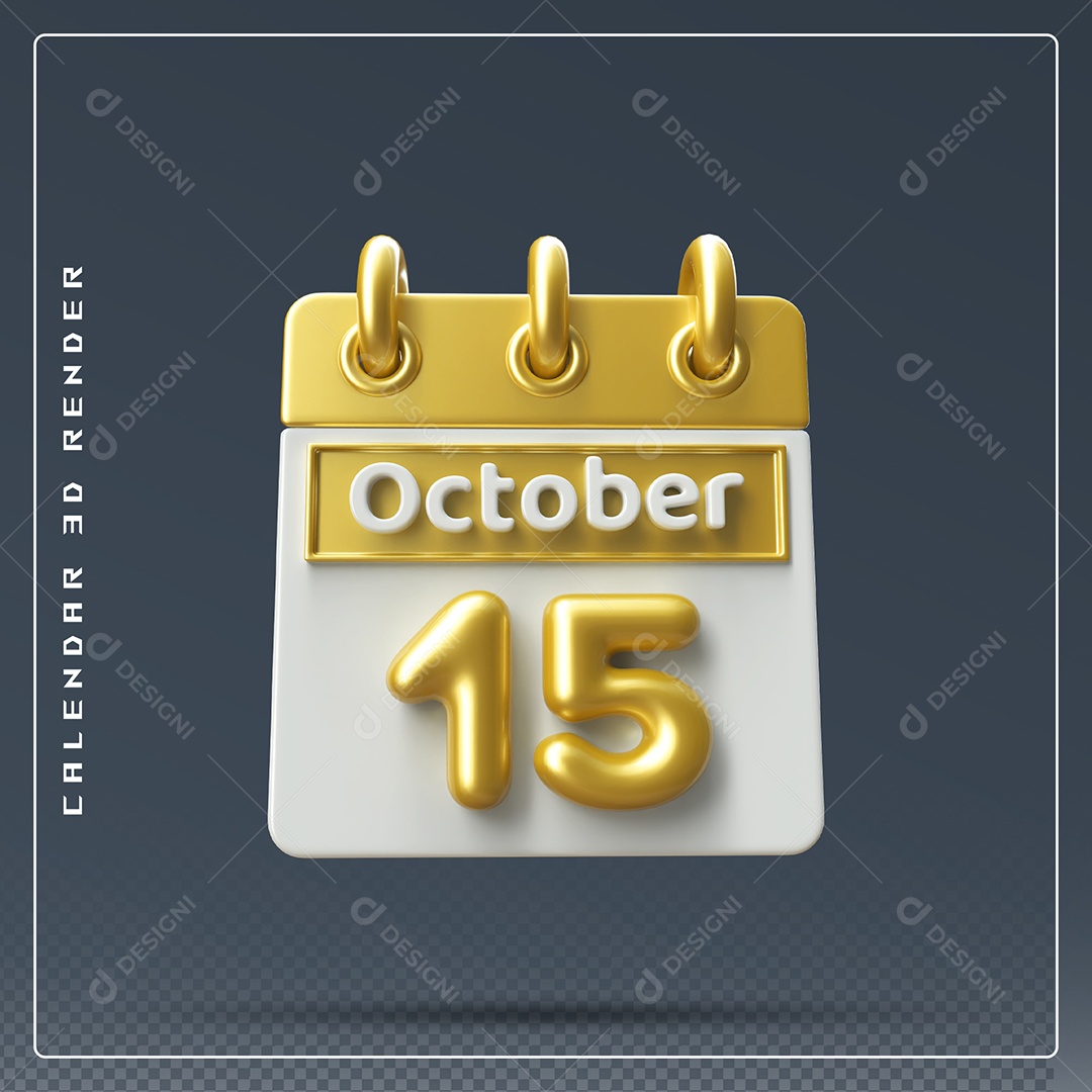 Calendário Do mês Outubro Dia 15 Elemento 3D Amarelo e Branco Para Composição PSD