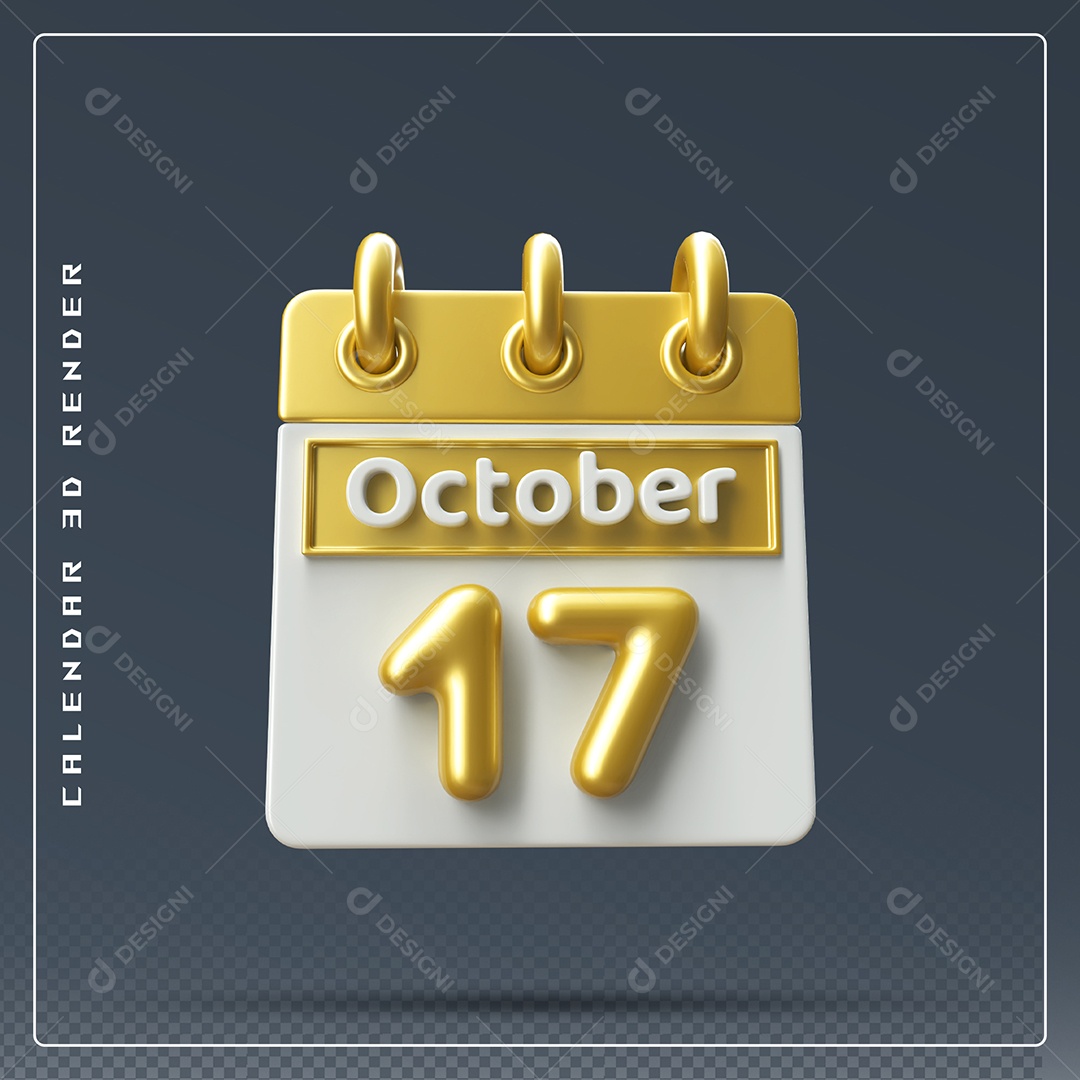 Calendário Do mês Outubro Dia 17 Elemento 3D Amarelo e Branco Para Composição PSD