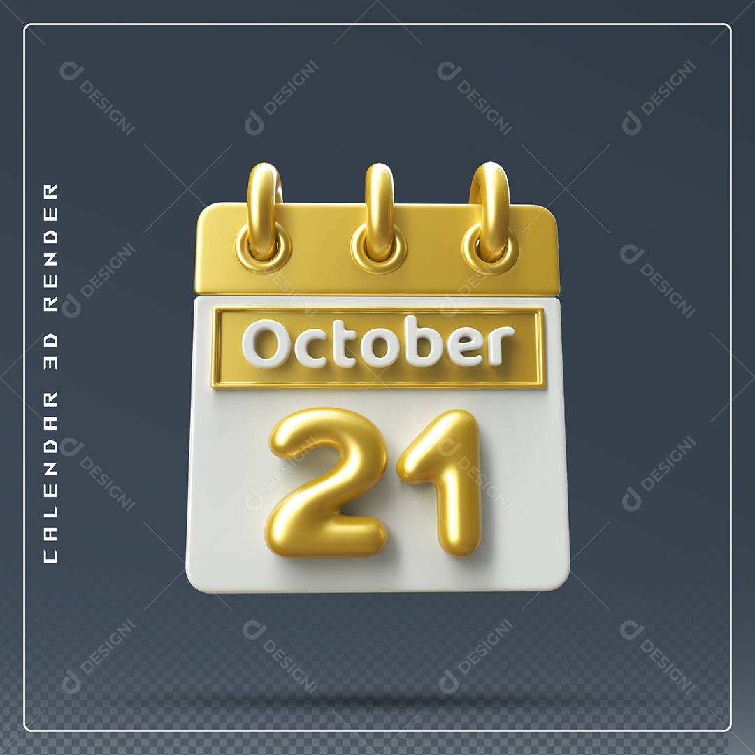 Calendário Do mês Outubro Dia 21 Elemento 3D Amarelo e Branco Para Composição PSD