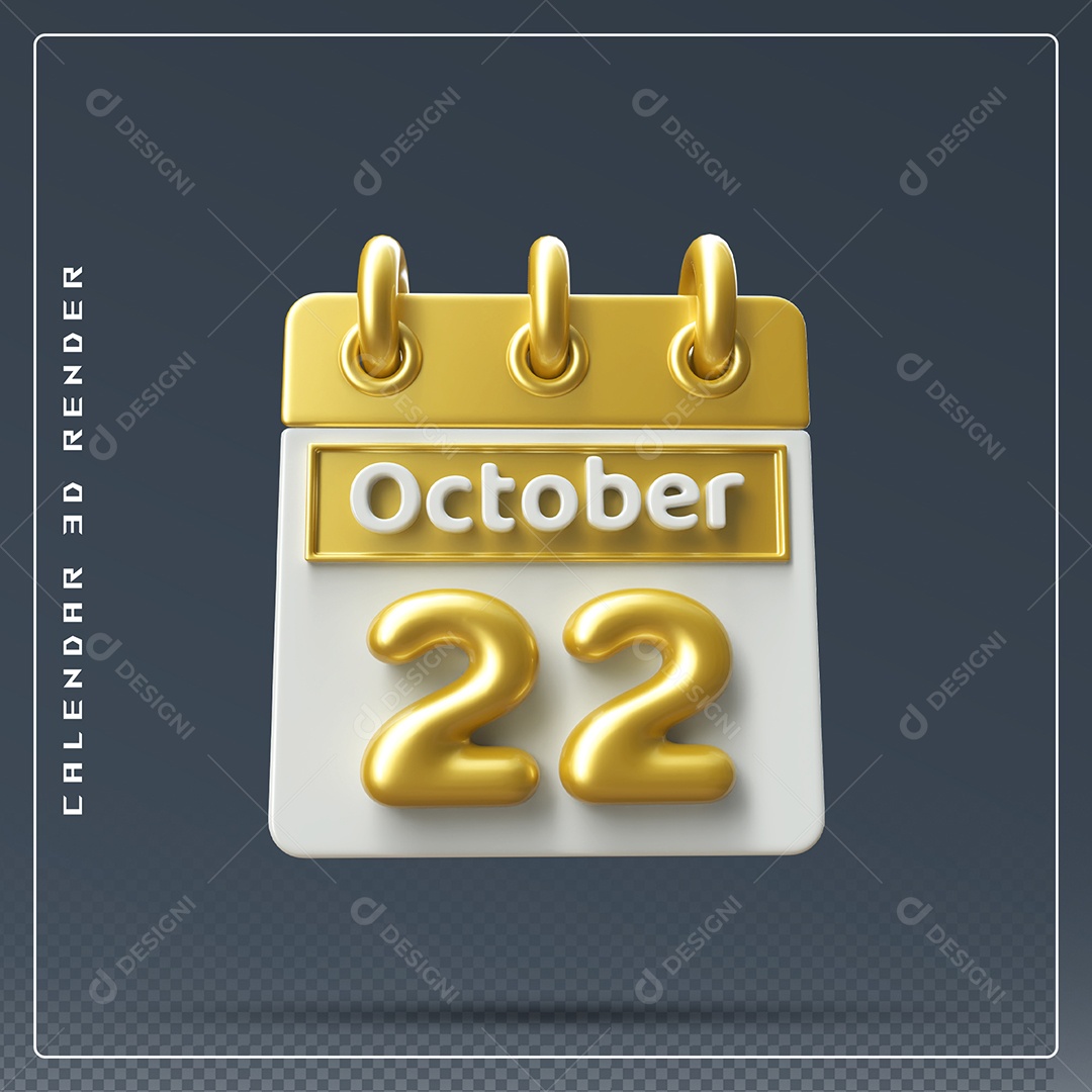 Calendário Do mês Outubro Dia 22 Elemento 3D Amarelo e Branco Para Composição PSD