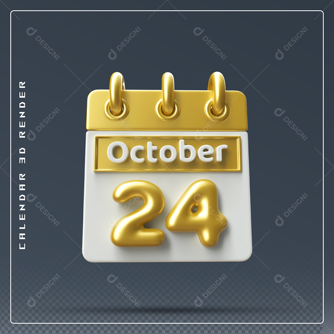 Calendário Do mês Outubro Dia 24 Elemento 3D Amarelo e Branco Para Composição PSD