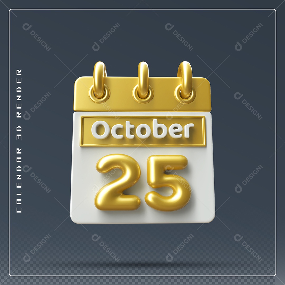 Calendário Do mês Outubro Dia 25 Elemento 3D Amarelo e Branco Para Composição PSD