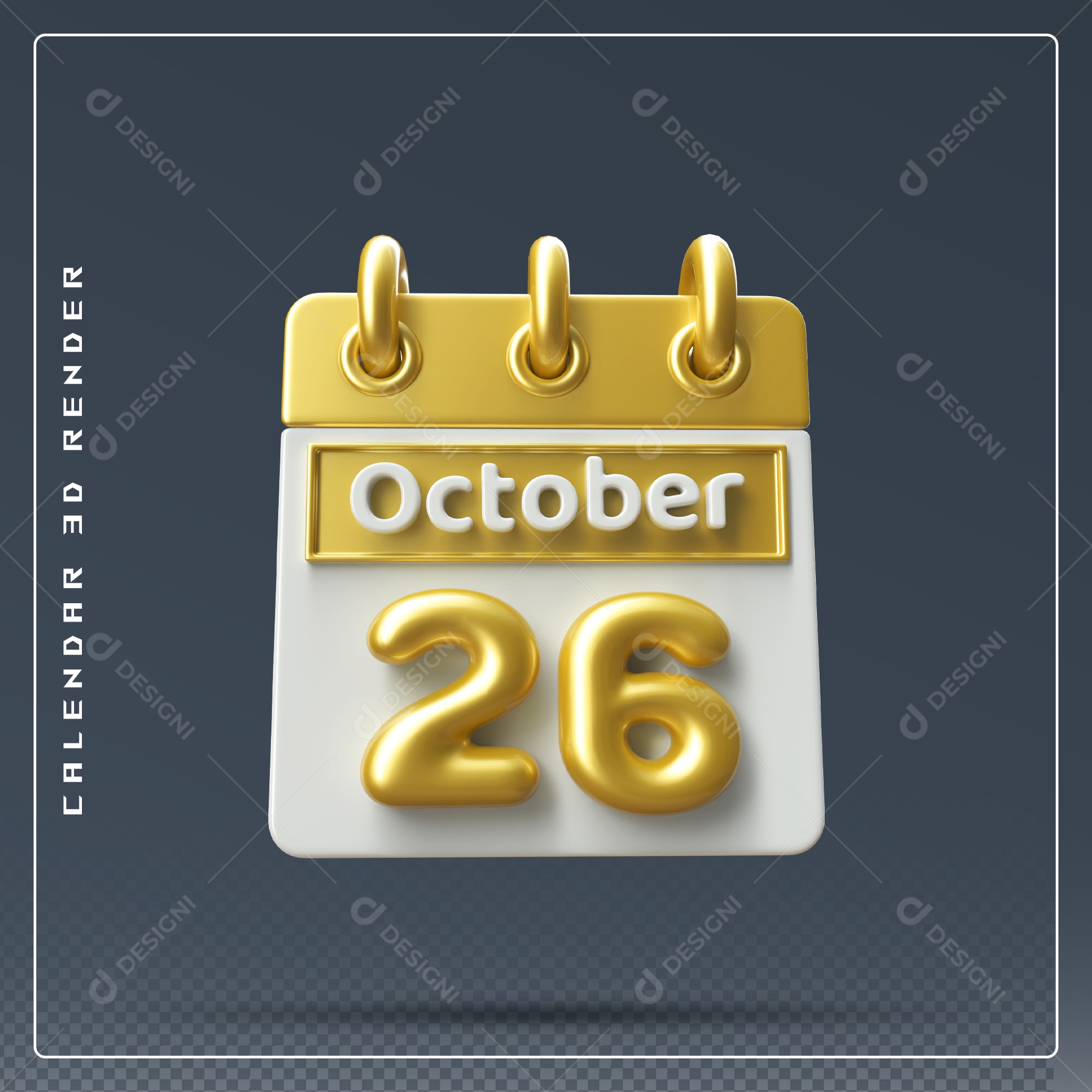 Calendário Do mês Outubro Dia 26 Elemento 3D Amarelo e Branco Para Composição PSD