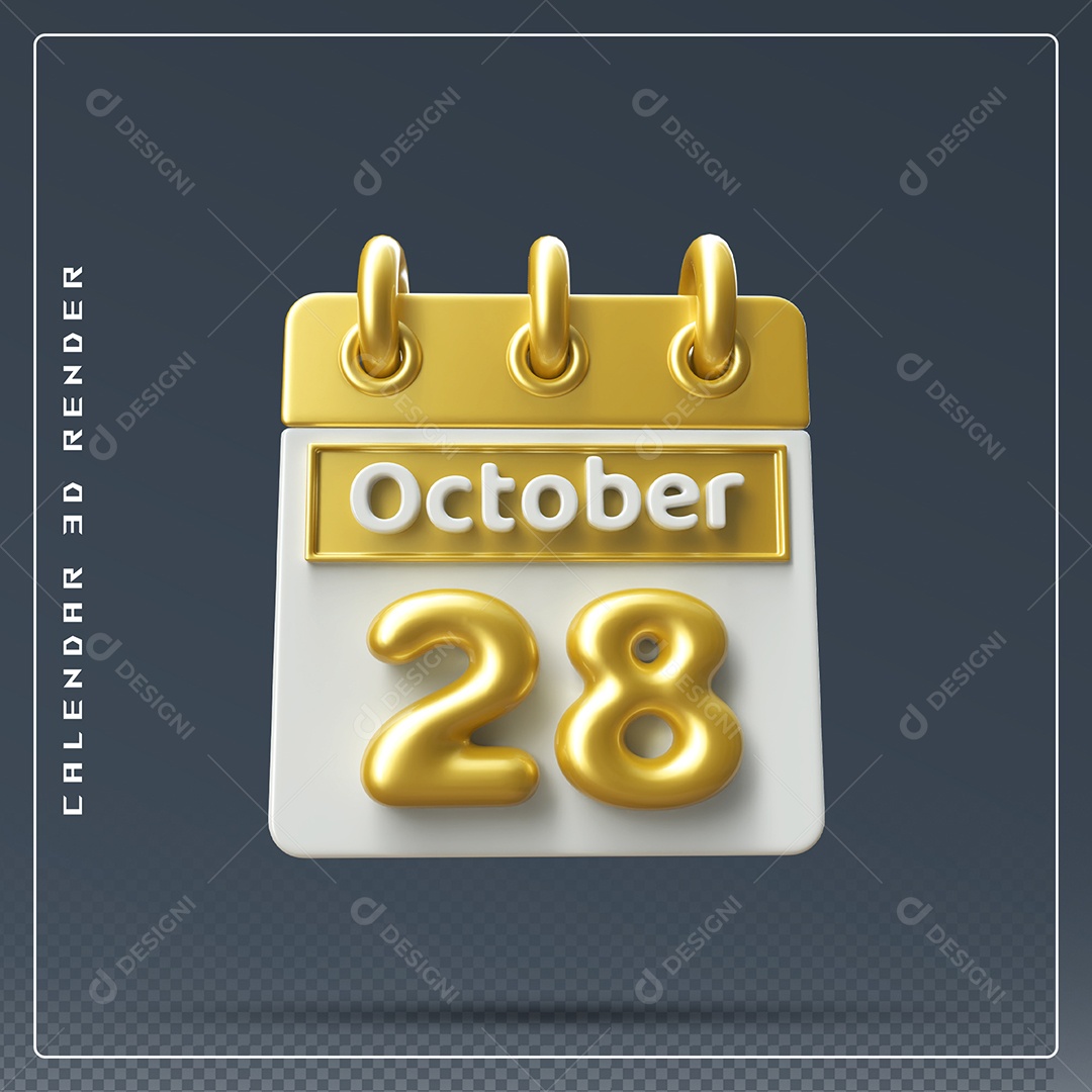 Calendário Do mês Outubro Dia 28 Elemento 3D Amarelo e Branco Para Composição PSD