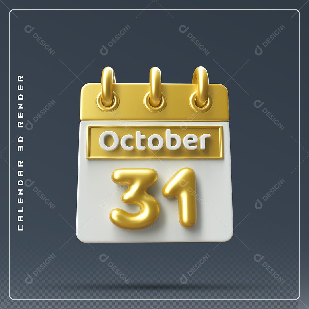 Calendário Do mês Outubro Dia 31 Elemento 3D Amarelo e Branco Para Composição PSD