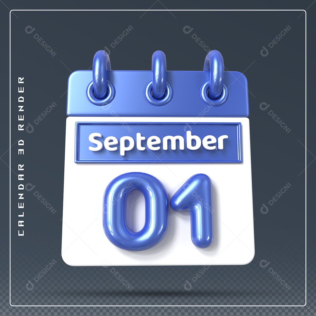 Calendário Do mês Setembro Dia 01 Elemento 3D Azul e Branco Para Composição PSD