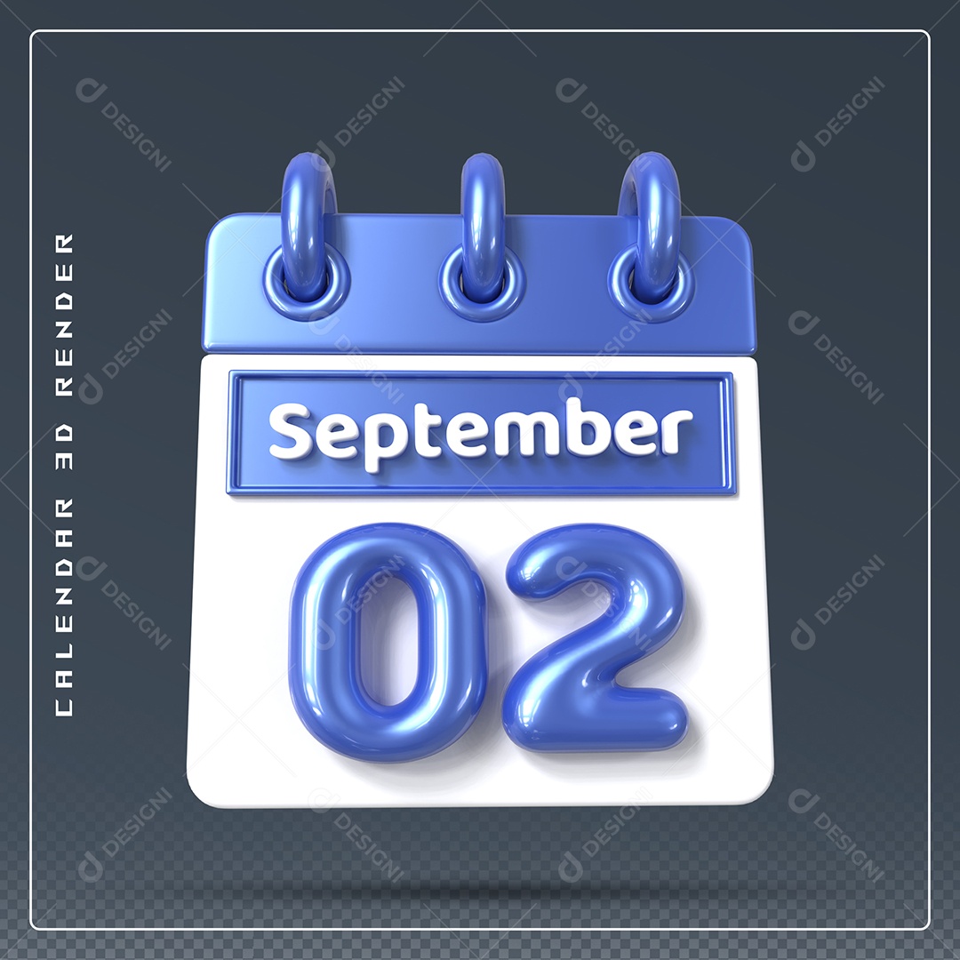 Calendário Do mês Setembro Dia 02 Elemento 3D Azul e Branco Para Composição PSD