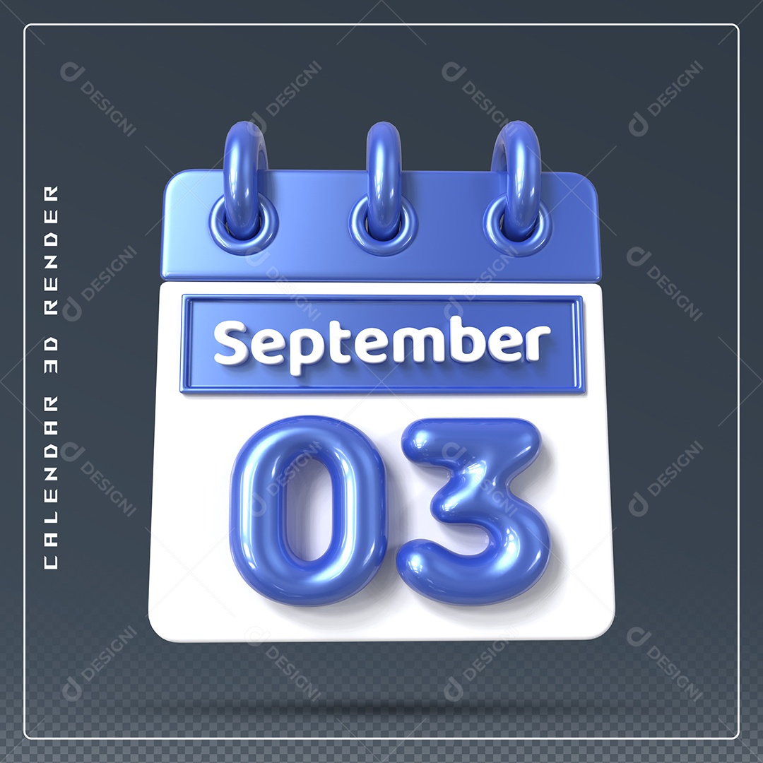 Calendário Do mês Setembro Dia 03 Elemento 3D Azul e Branco Para Composição PSD