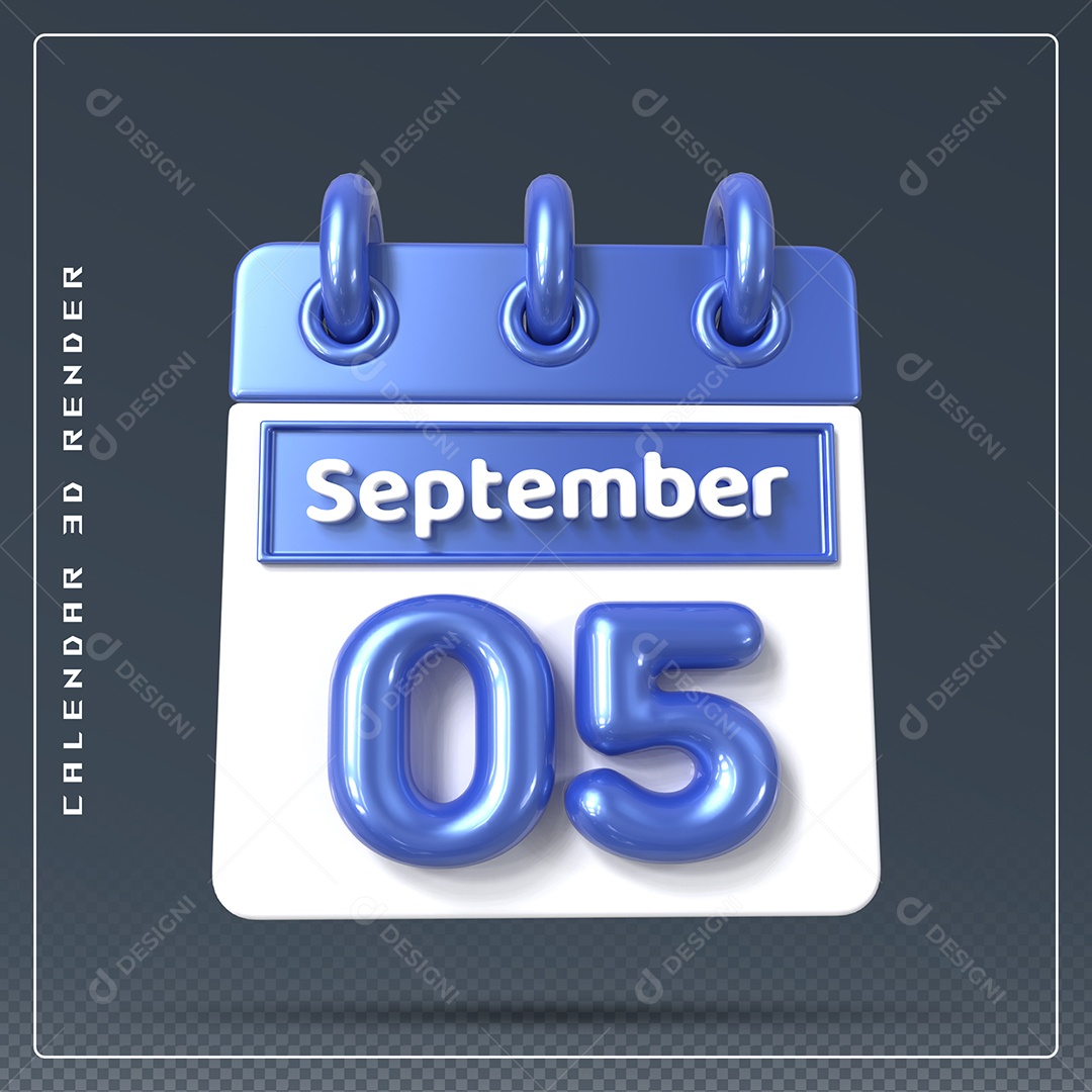 Calendário Do mês Setembro Dia 05 Elemento 3D Azul e Branco Para Composição PSD