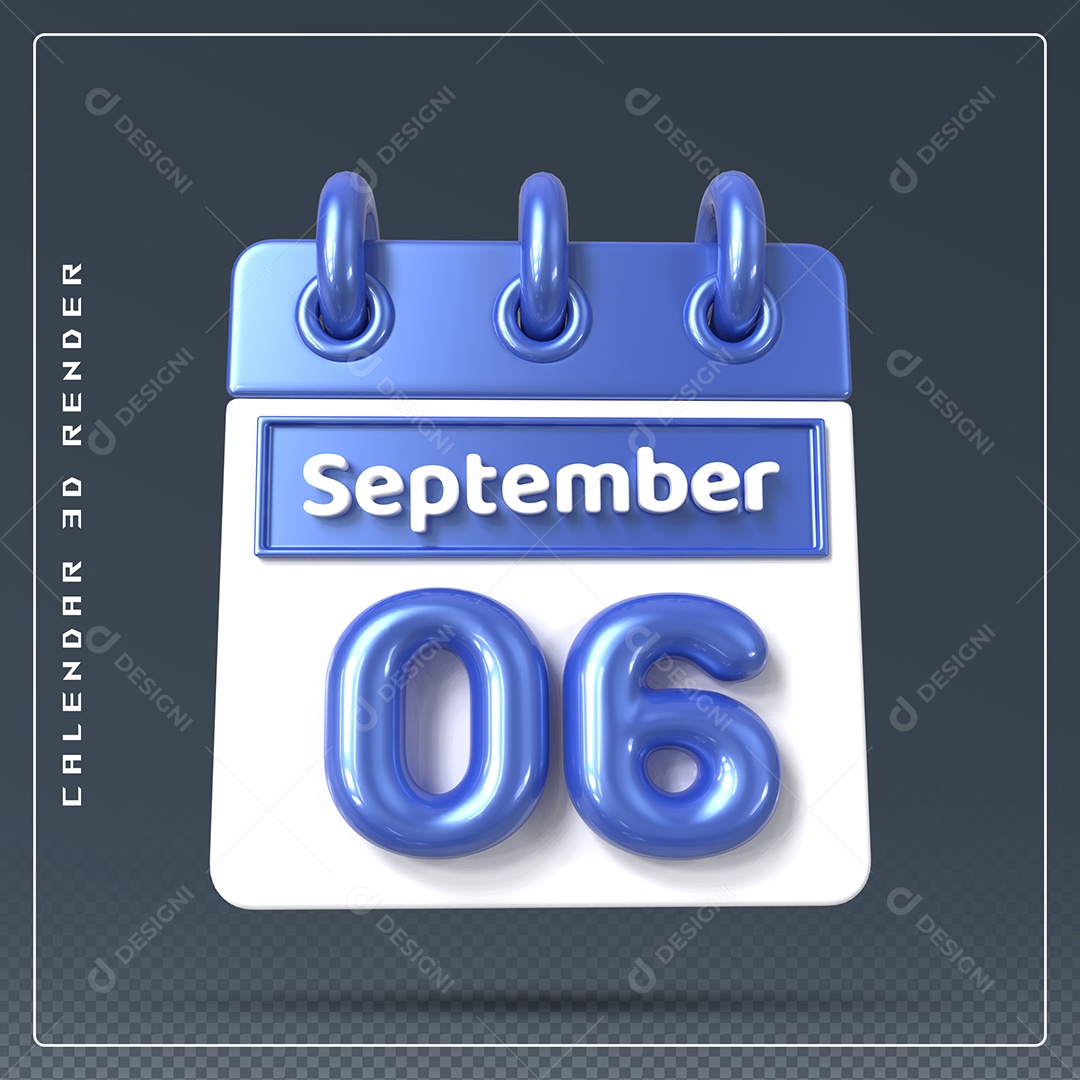 Calendário Do mês Setembro Dia 06 Elemento 3D Azul e Branco Para Composição PSD