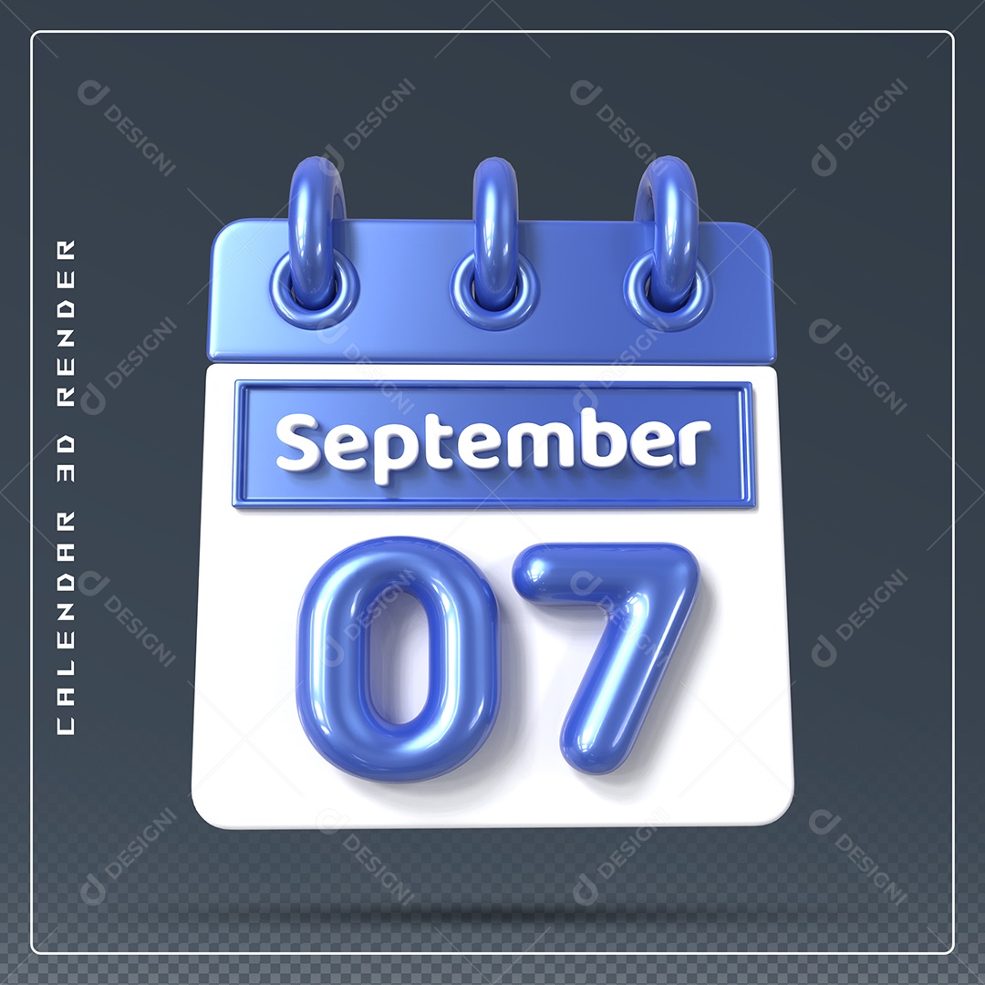 Calendário Do mês Setembro Dia 07 Elemento 3D Azul e Branco Para Composição PSD