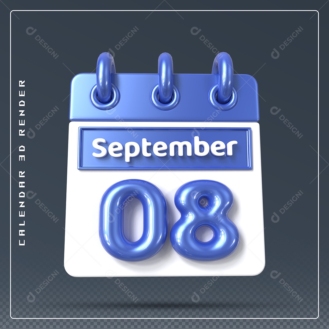 Calendário Do mês Setembro Dia 08 Elemento 3D Azul e Branco Para Composição PSD