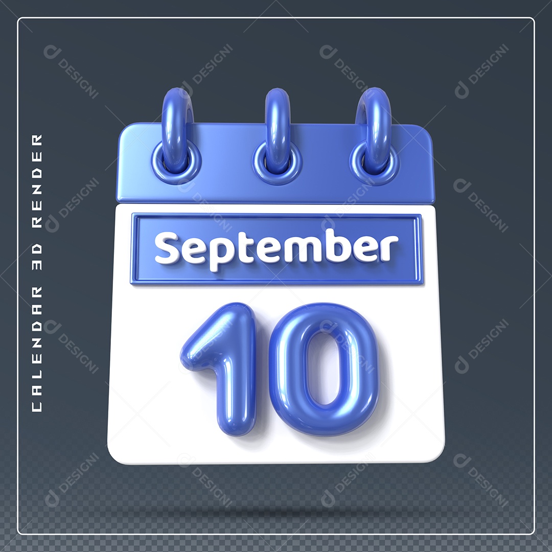 Calendário Do mês Setembro Dia 10 Elemento 3D Azul e Branco Para Composição PSD