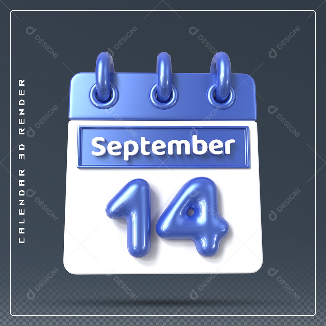 Calendário Do mês Setembro Dia 14 Elemento 3D Azul e Branco Para Composição PSD