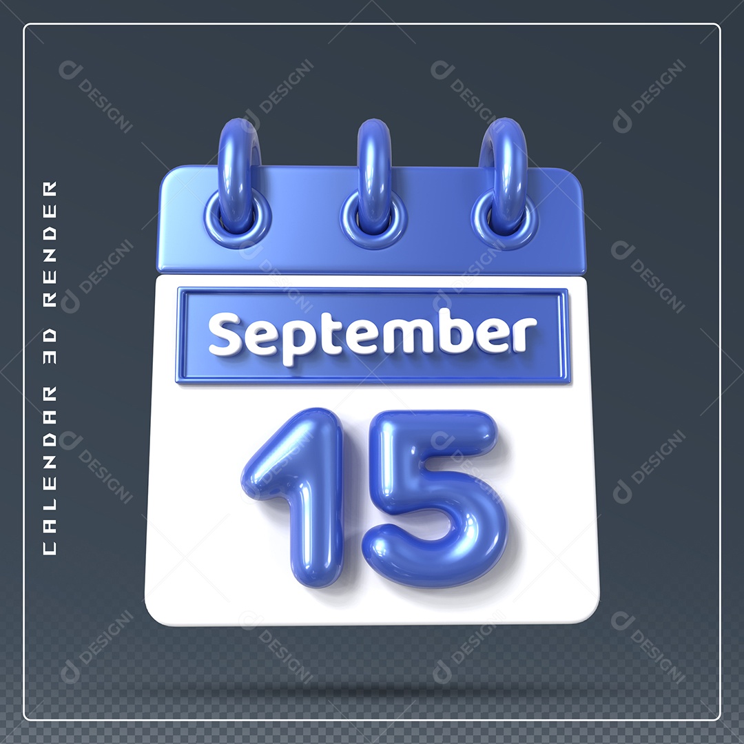 Calendário Do mês Setembro Dia 15 Elemento 3D Azul e Branco Para Composição PSD