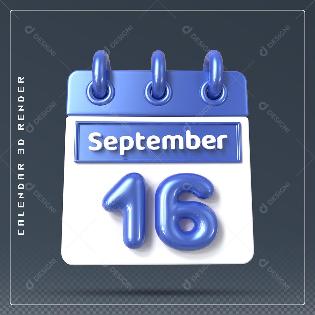 Calendário Do mês Setembro Dia 16 Elemento 3D Azul e Branco Para Composição PSD