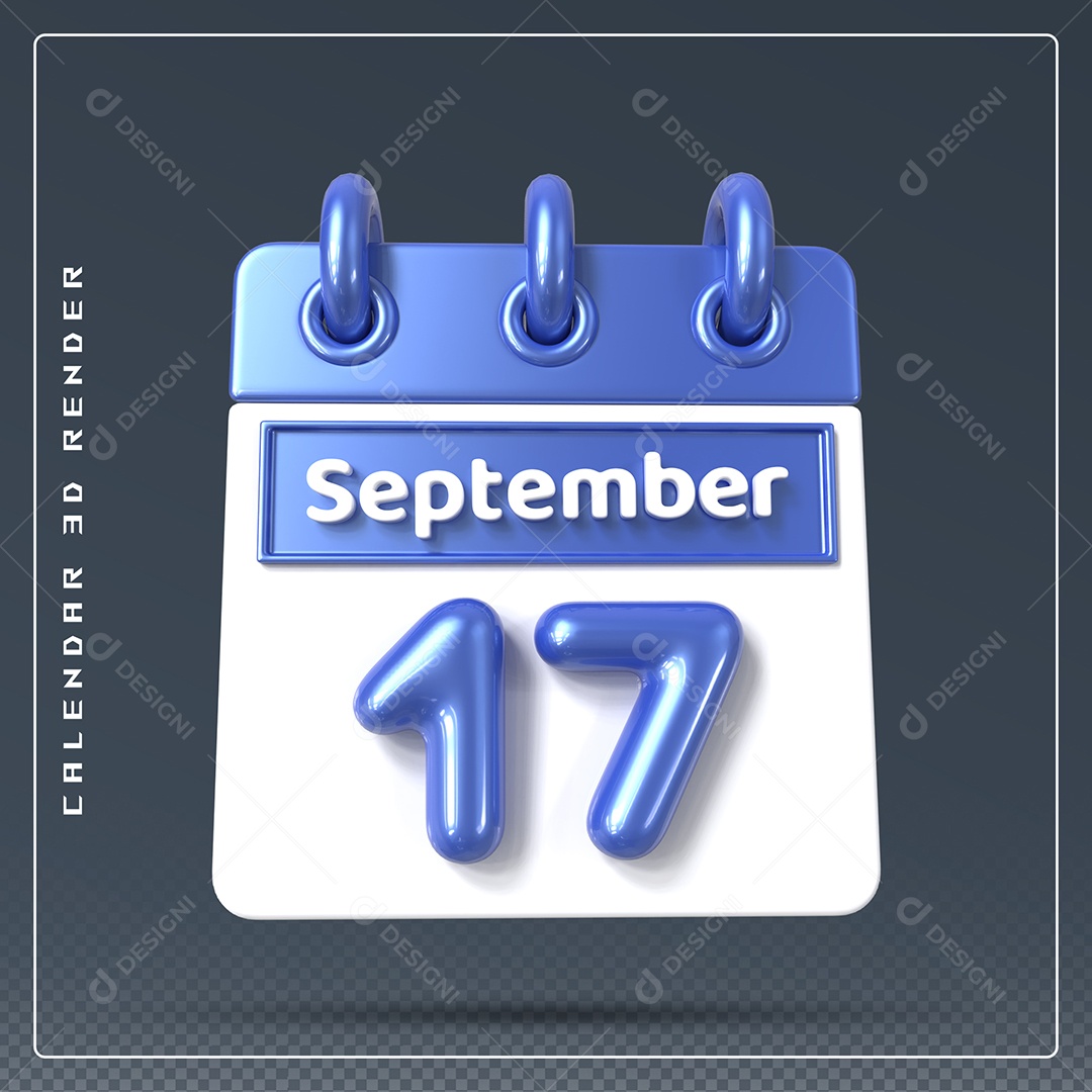 Calendário Do mês Setembro Dia 17 Elemento 3D Azul e Branco Para Composição PSD
