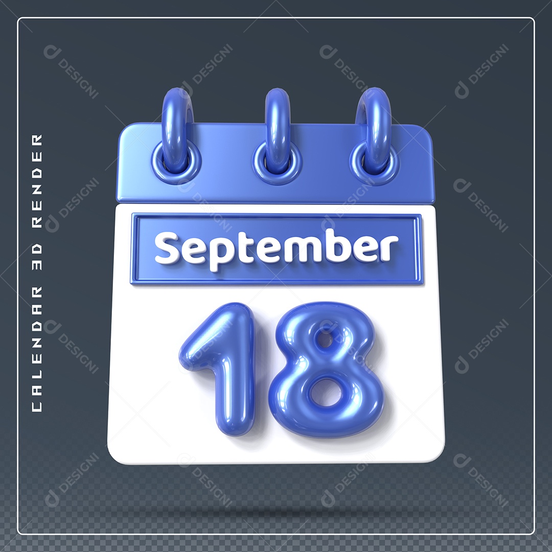 Calendário Do mês Setembro Dia 18 Elemento 3D Azul e Branco Para Composição PSD