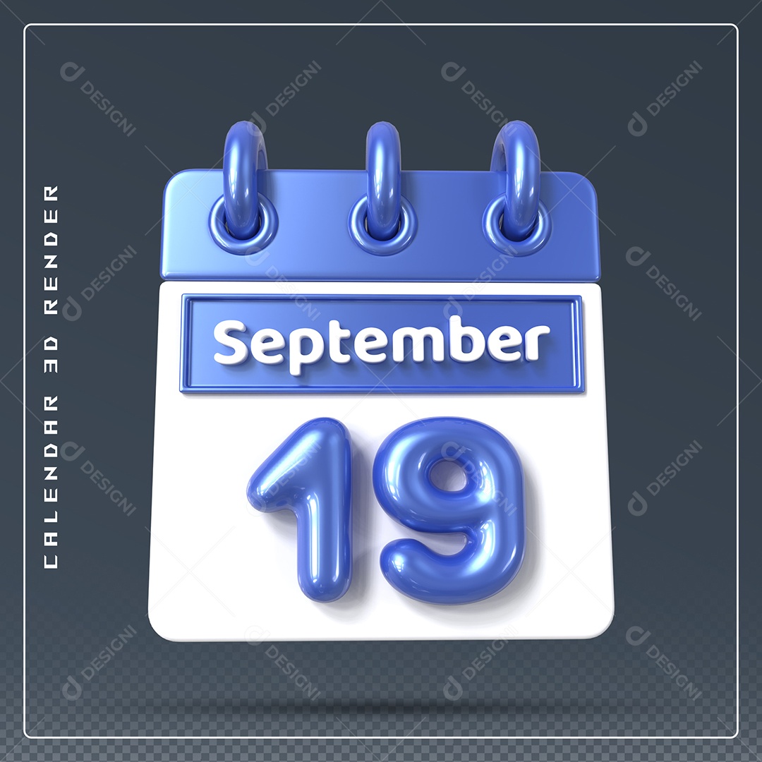Calendário Do mês Setembro Dia 19 Elemento 3D Azul e Branco Para Composição PSD