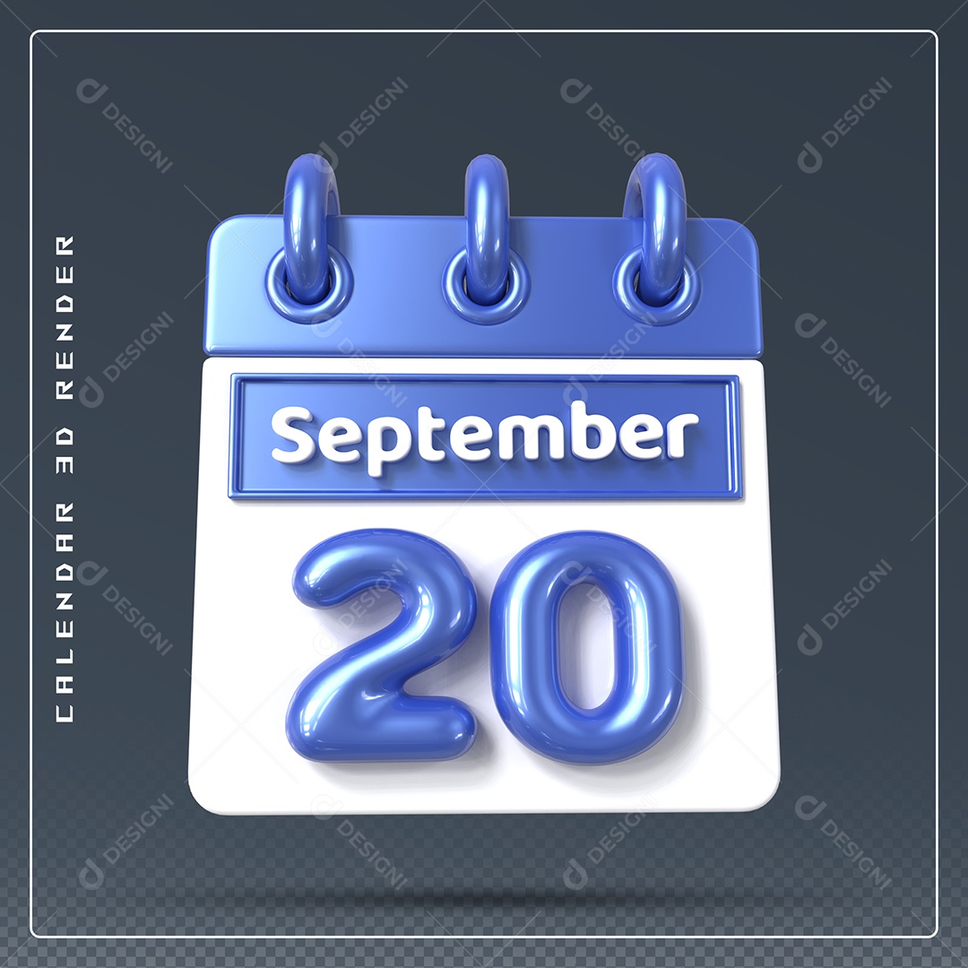 Calendário Do mês Setembro Dia 20 Elemento 3D Azul e Branco Para Composição PSD