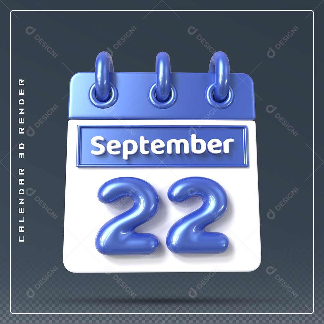 Calendário Do mês Setembro Dia 22 Elemento 3D Azul e Branco Para Composição PSD