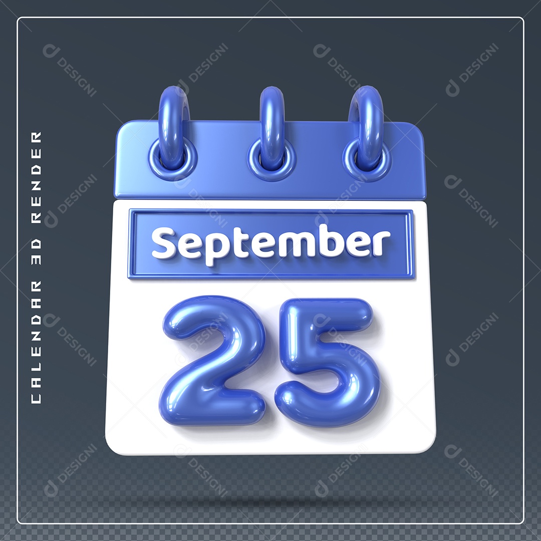 Calendário Do mês Setembro Dia 25 Elemento 3D Azul e Branco Para Composição PSD
