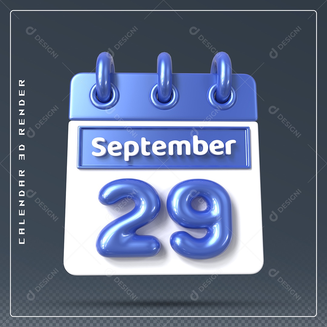 Calendário Do mês Setembro Dia 29 Elemento 3D Azul e Branco Para Composição PSD