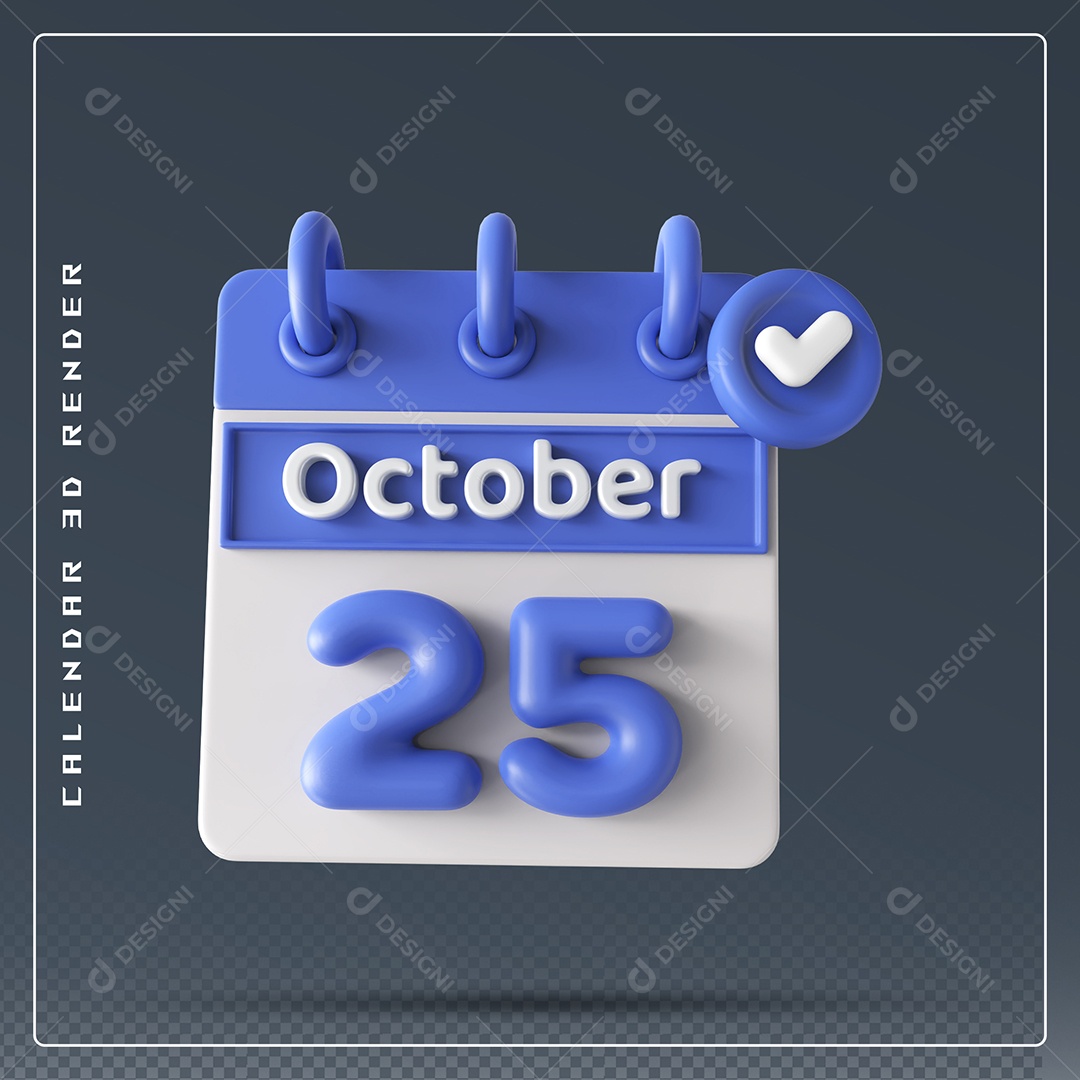 Calendário Do mês Outubro Dia 25 Elemento 3D Azul e Branco Para Composição PSD
