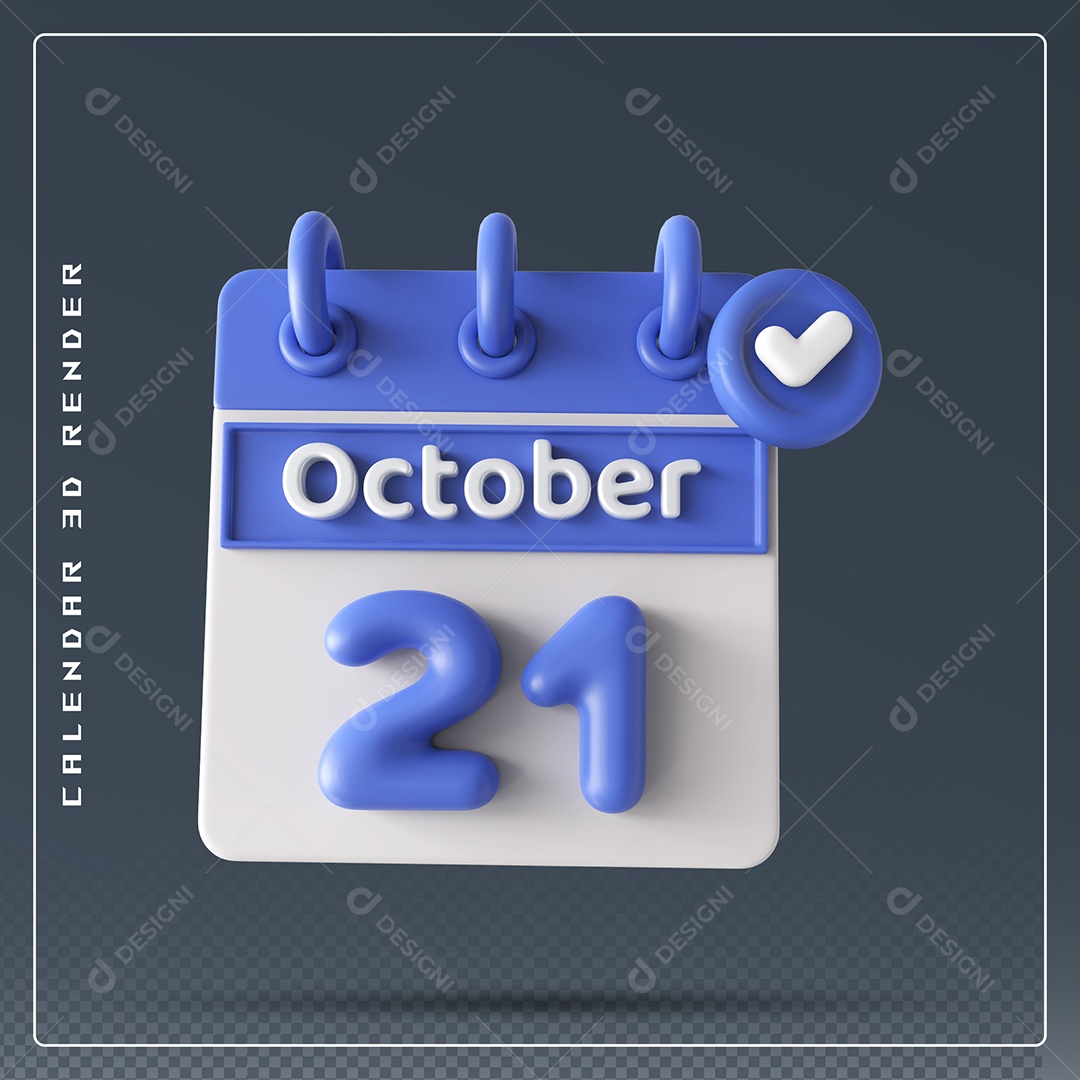 Calendário Do mês Outubro Dia 21 Elemento 3D Azul e Branco Para Composição PSD